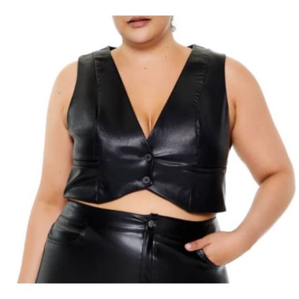 Black faux leather cropped vest top Women's Plus Size 3X crop sleeveless v-neck